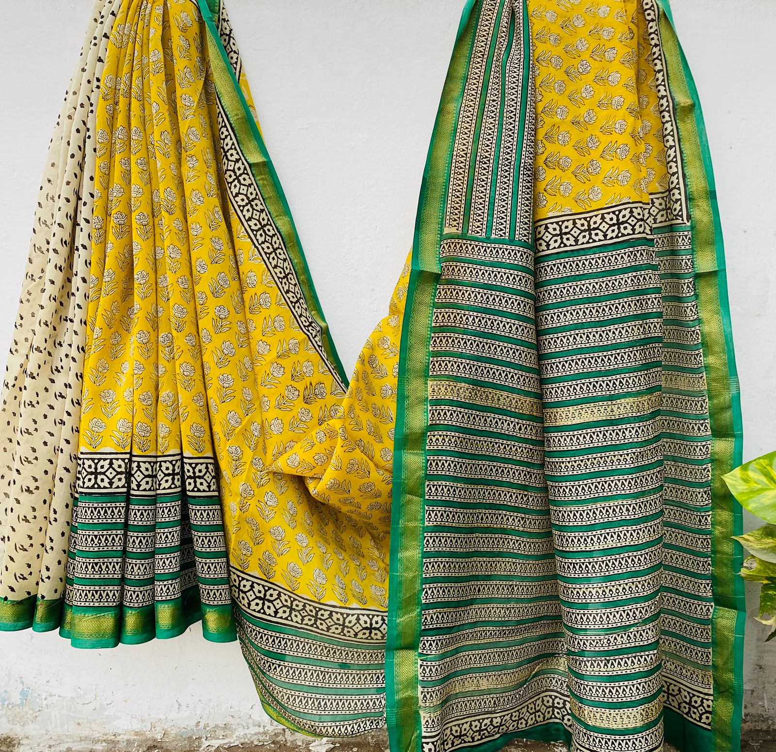 Maheshwari silk saree wholesale, hand block printed yellow green, pure silk saree by Fabtexs